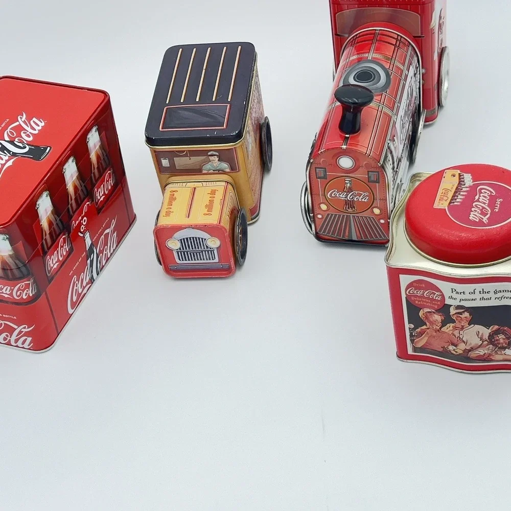 Vintage Coca Cola Tin lot Truck Train Bottle Crate & Advertising Tins